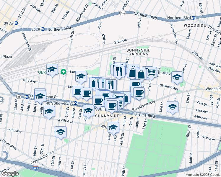 map of restaurants, bars, coffee shops, grocery stores, and more near 4120 46th Street in Queens