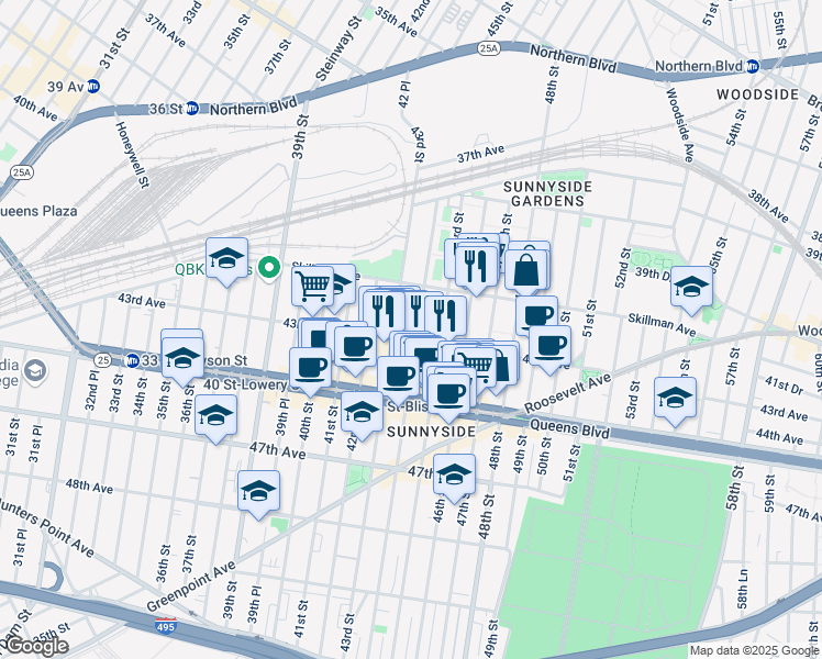 map of restaurants, bars, coffee shops, grocery stores, and more near 41-26 44th Street in Queens