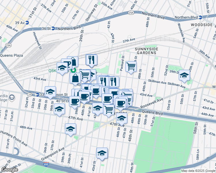 map of restaurants, bars, coffee shops, grocery stores, and more near 41-33 42nd Street in Queens