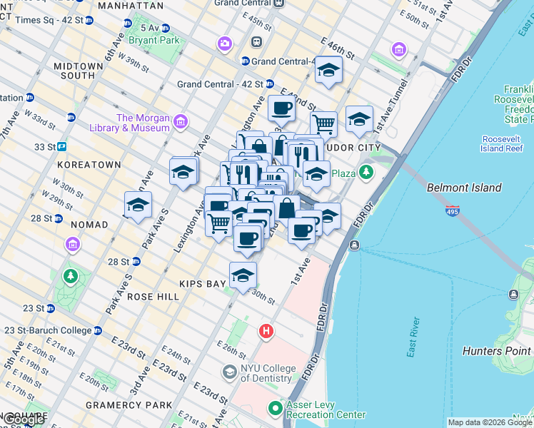 map of restaurants, bars, coffee shops, grocery stores, and more near 649 2nd Avenue in New York