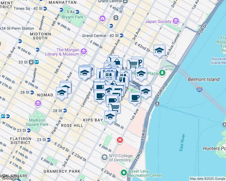 map of restaurants, bars, coffee shops, grocery stores, and more near 214 East 35th Street in New York