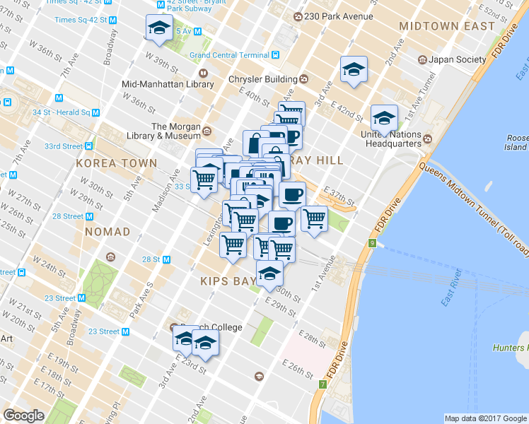 map of restaurants, bars, coffee shops, grocery stores, and more near 507 3rd Avenue in New York