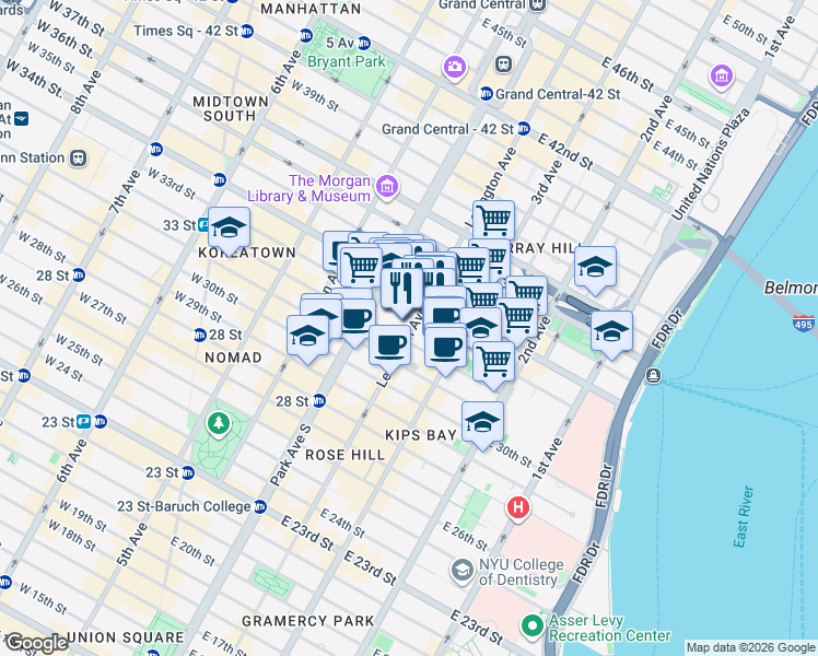 map of restaurants, bars, coffee shops, grocery stores, and more near 225 Lexington Avenue in New York