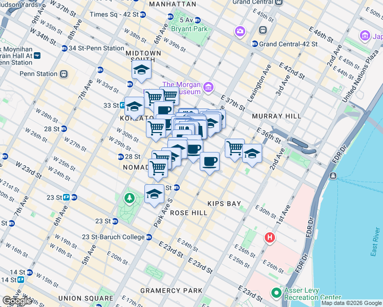 map of restaurants, bars, coffee shops, grocery stores, and more near 38 East 32nd Street in New York