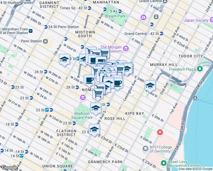 map of restaurants, bars, coffee shops, grocery stores, and more near 147 Madison Avenue in New York