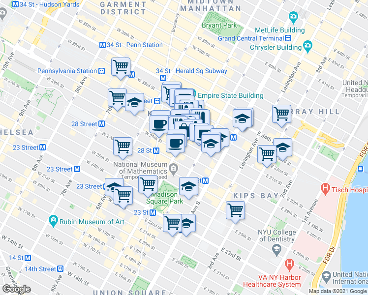 map of restaurants, bars, coffee shops, grocery stores, and more near in New York