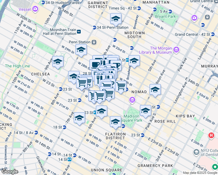 map of restaurants, bars, coffee shops, grocery stores, and more near 121 West 27th Street in New York