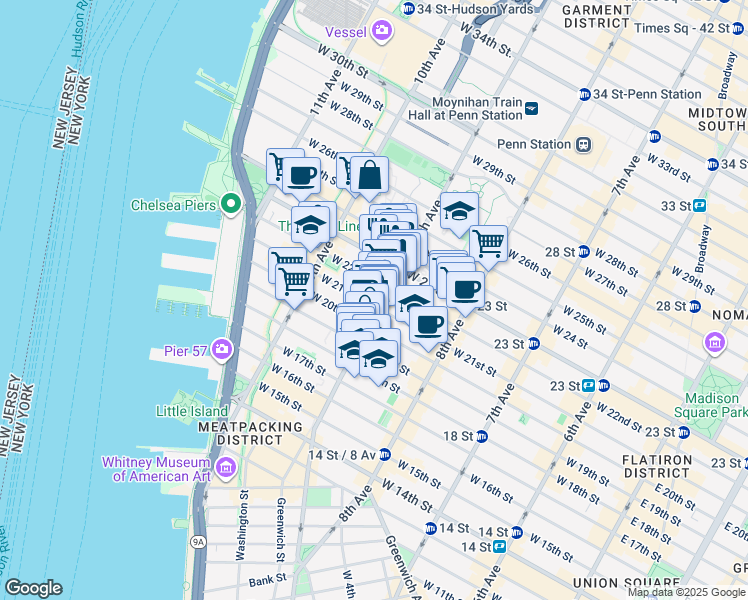map of restaurants, bars, coffee shops, grocery stores, and more near 414 West 22nd Street in New York