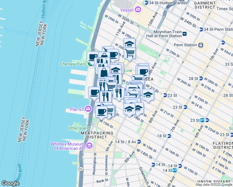 map of restaurants, bars, coffee shops, grocery stores, and more near 165 10th Avenue in New York