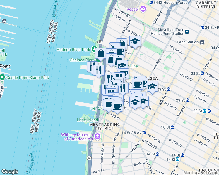 map of restaurants, bars, coffee shops, grocery stores, and more near 521 West 19th Street in New York