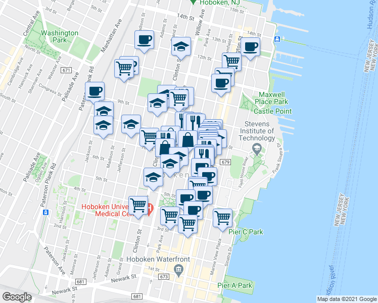 map of restaurants, bars, coffee shops, grocery stores, and more near 727 Park Avenue in Hoboken