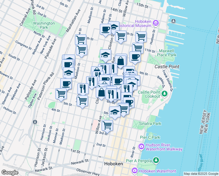 map of restaurants, bars, coffee shops, grocery stores, and more near 712 Willow Avenue in Hoboken