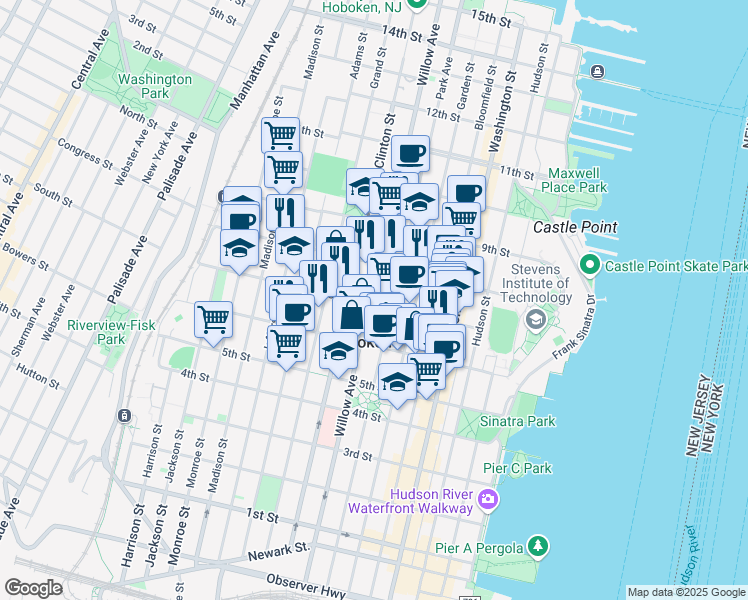 map of restaurants, bars, coffee shops, grocery stores, and more near 712 Willow Avenue in Hoboken