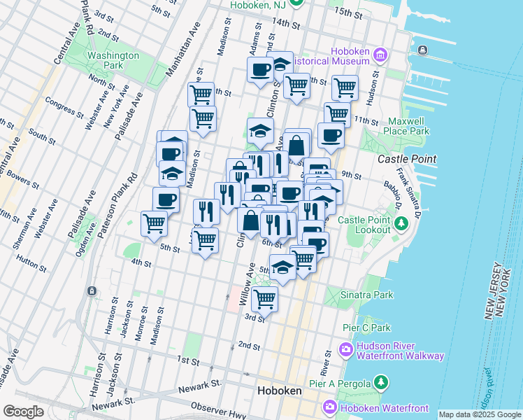 map of restaurants, bars, coffee shops, grocery stores, and more near 712 Willow Avenue in Hoboken