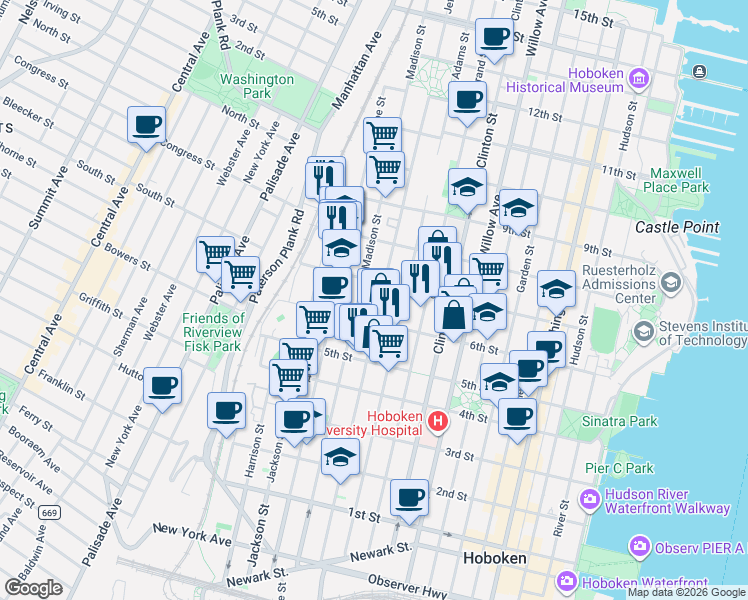 map of restaurants, bars, coffee shops, grocery stores, and more near 625 Madison Street in Hoboken