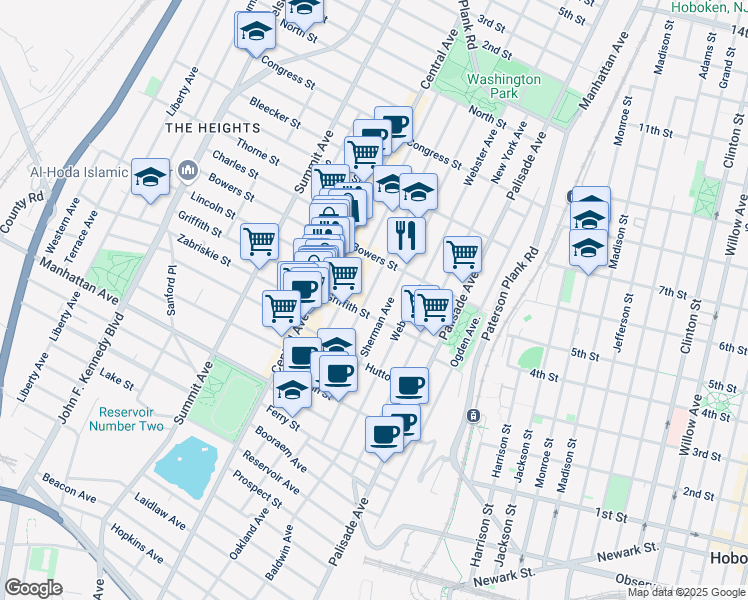 map of restaurants, bars, coffee shops, grocery stores, and more near 95 Hancock Avenue in Jersey City