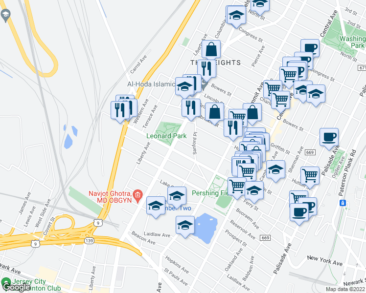 map of restaurants, bars, coffee shops, grocery stores, and more near 134 Sherman Place in Jersey City