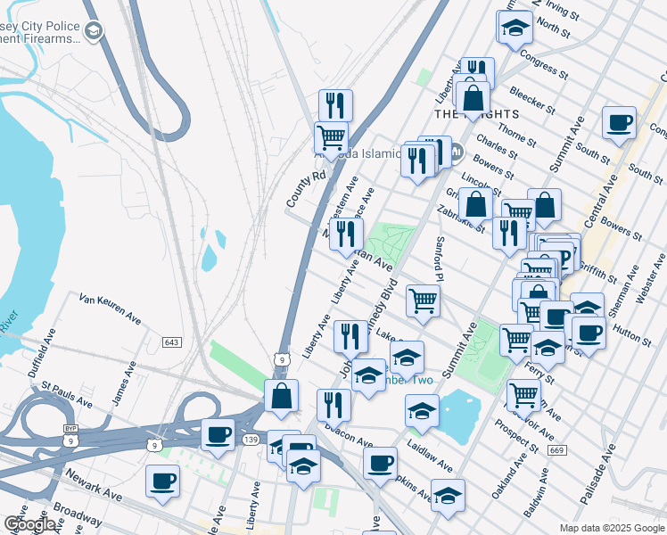 map of restaurants, bars, coffee shops, grocery stores, and more near 150 Beach Street in Jersey City