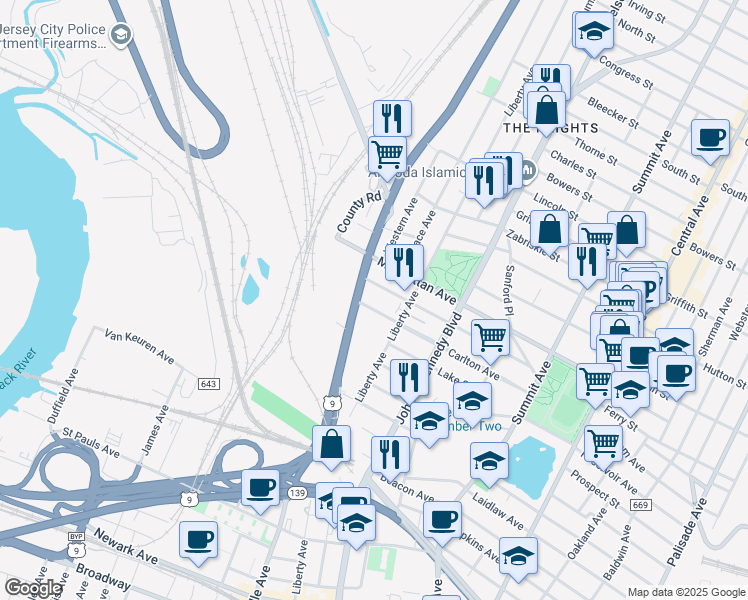 map of restaurants, bars, coffee shops, grocery stores, and more near 150 Beach Street in Jersey City
