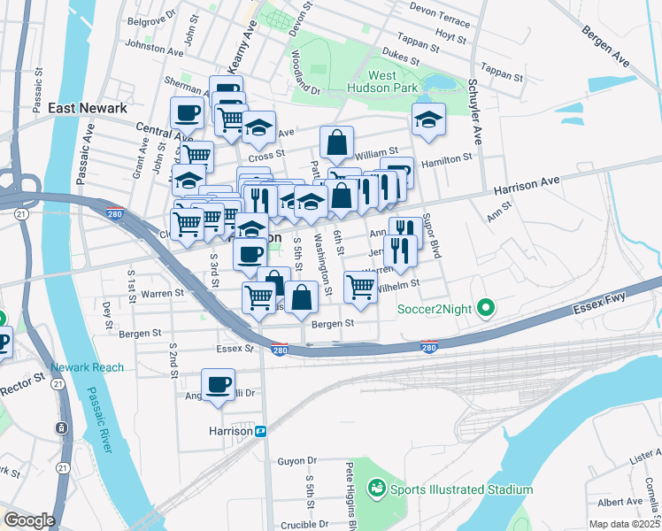 map of restaurants, bars, coffee shops, grocery stores, and more near 28 1/2 Washington Street in Harrison
