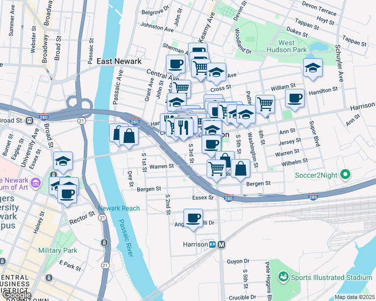 map of restaurants, bars, coffee shops, grocery stores, and more near 238 Harrison Avenue in Harrison