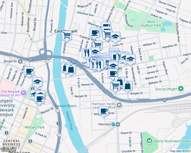 map of restaurants, bars, coffee shops, grocery stores, and more near in Harrison