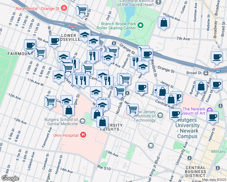 map of restaurants, bars, coffee shops, grocery stores, and more near 111 Hudson Street in Newark