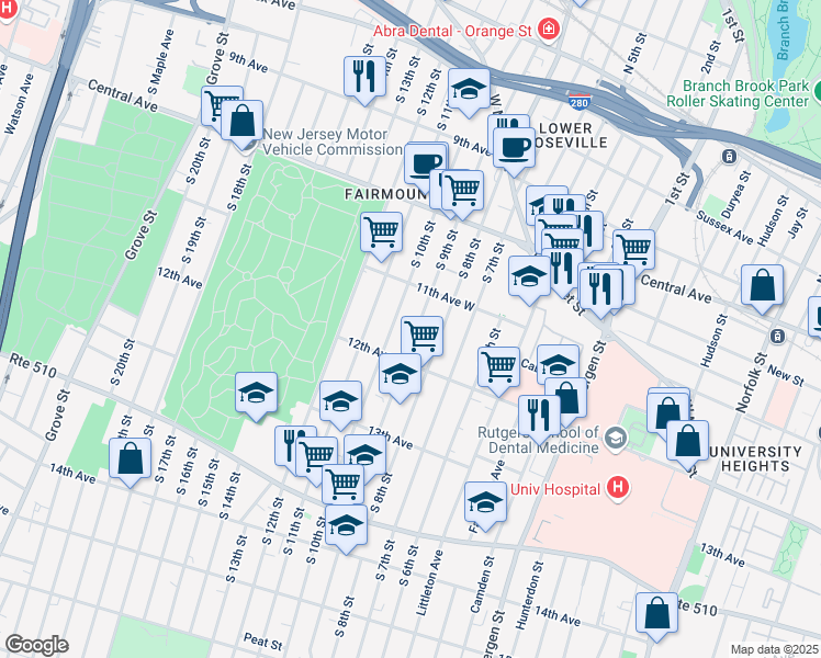 map of restaurants, bars, coffee shops, grocery stores, and more near 196 South 10th Street in Newark