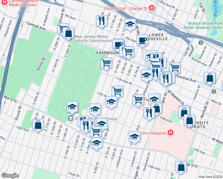 map of restaurants, bars, coffee shops, grocery stores, and more near 196 South 10th Street in Newark