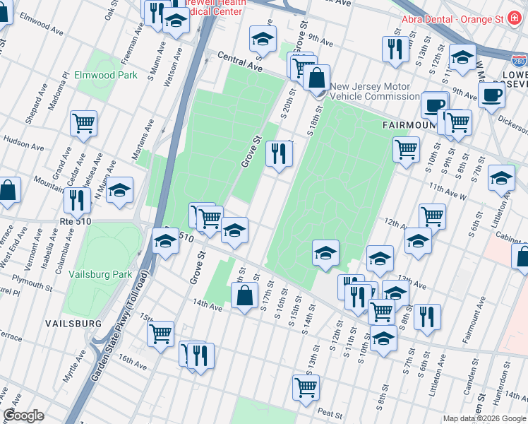 map of restaurants, bars, coffee shops, grocery stores, and more near 316 South 19th Street in Newark