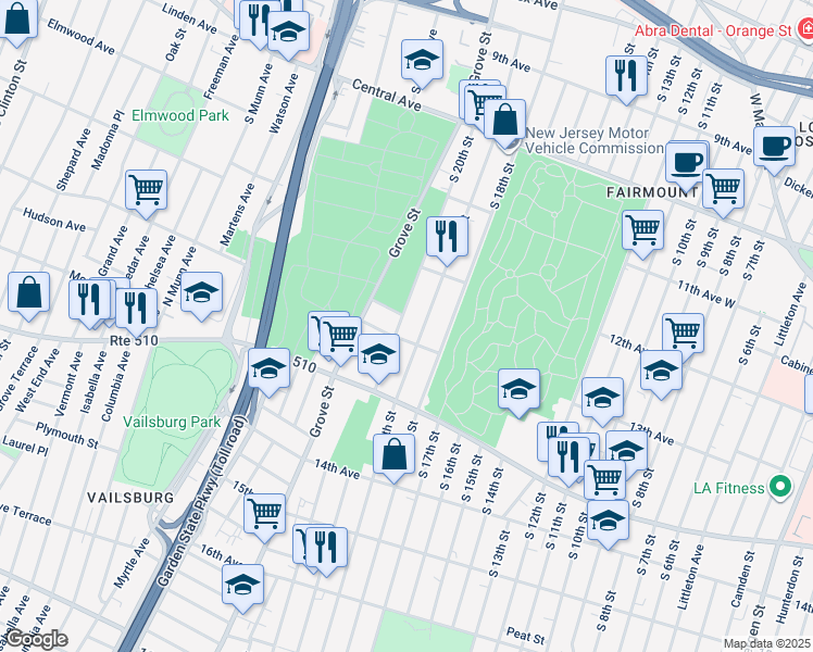 map of restaurants, bars, coffee shops, grocery stores, and more near 323 South 20th Street in Newark