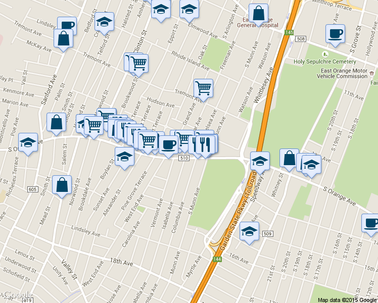map of restaurants, bars, coffee shops, grocery stores, and more near 21 Cedar Avenue in Newark