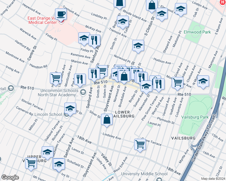 map of restaurants, bars, coffee shops, grocery stores, and more near 11 Stuyvesant Avenue in Irvington