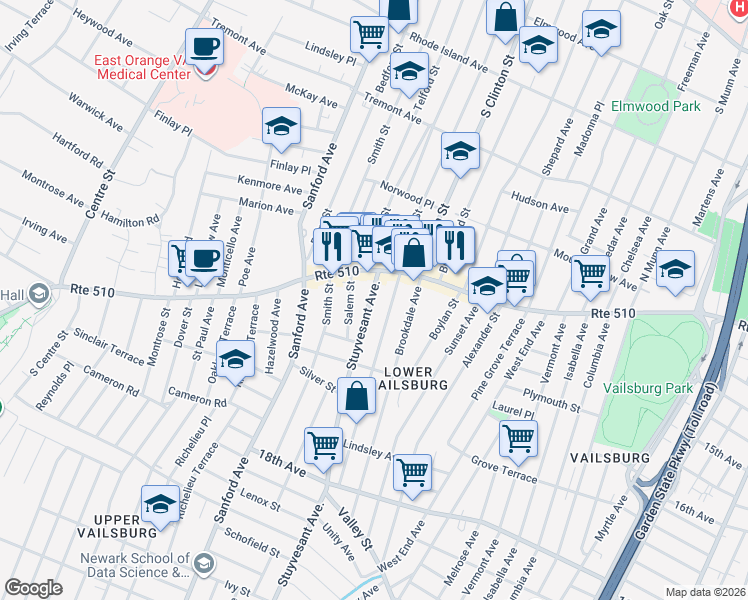 map of restaurants, bars, coffee shops, grocery stores, and more near 11 Stuyvesant Avenue in Irvington