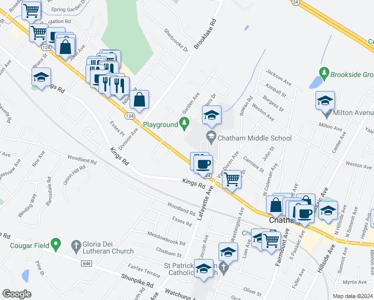 map of restaurants, bars, coffee shops, grocery stores, and more near 540 Main Street in Chatham