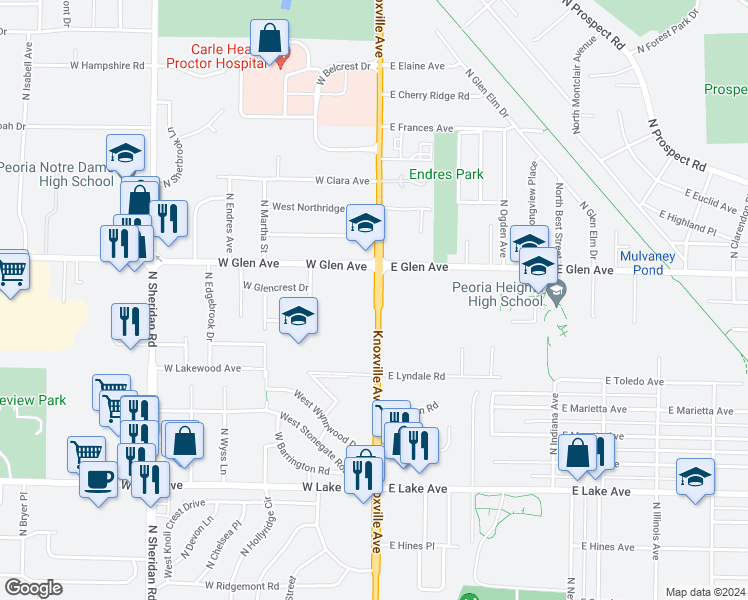 map of restaurants, bars, coffee shops, grocery stores, and more near 4810 Illinois 40 in Peoria