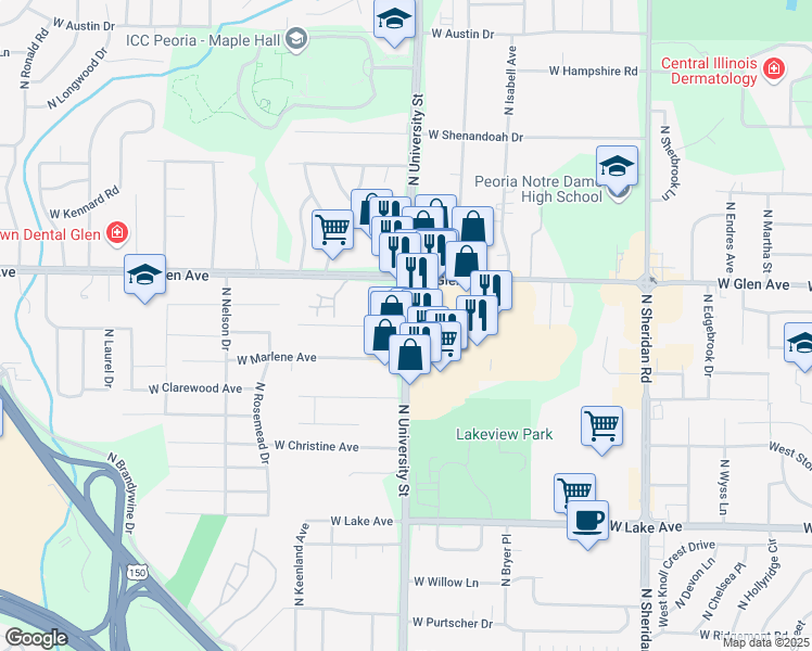 map of restaurants, bars, coffee shops, grocery stores, and more near 4811 North University Street in Peoria