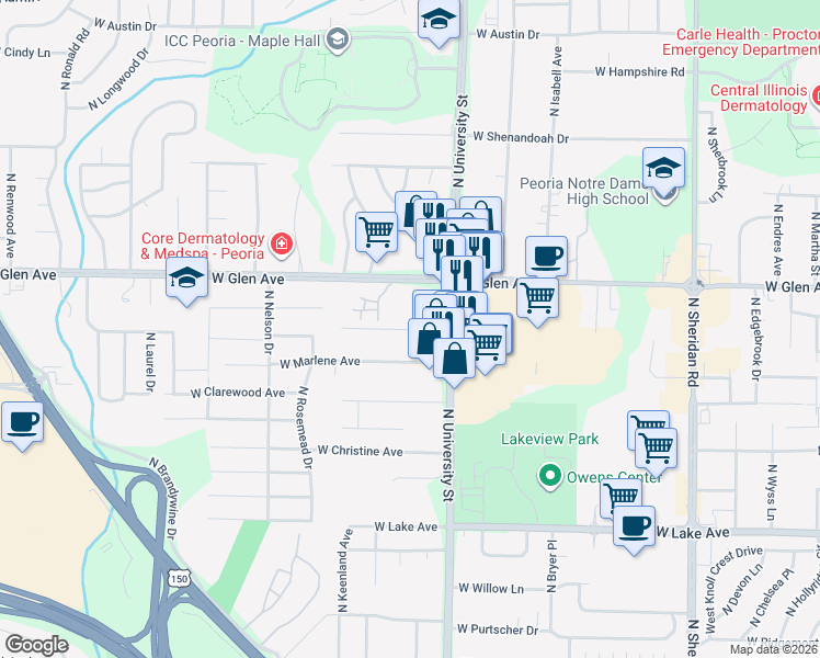 map of restaurants, bars, coffee shops, grocery stores, and more near 1401 West Covington Court in Peoria