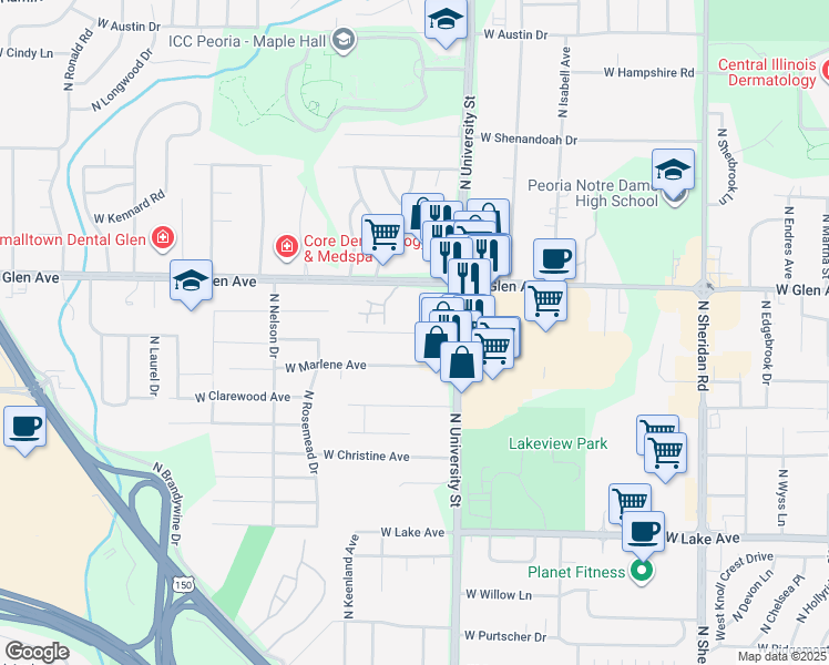 map of restaurants, bars, coffee shops, grocery stores, and more near 1401 West Covington Court in Peoria