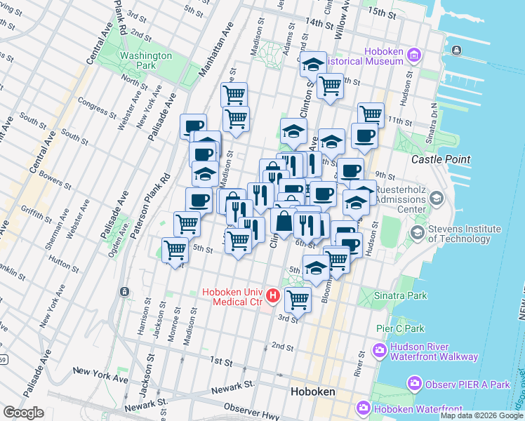 map of restaurants, bars, coffee shops, grocery stores, and more near 701 Grand Street in Hoboken