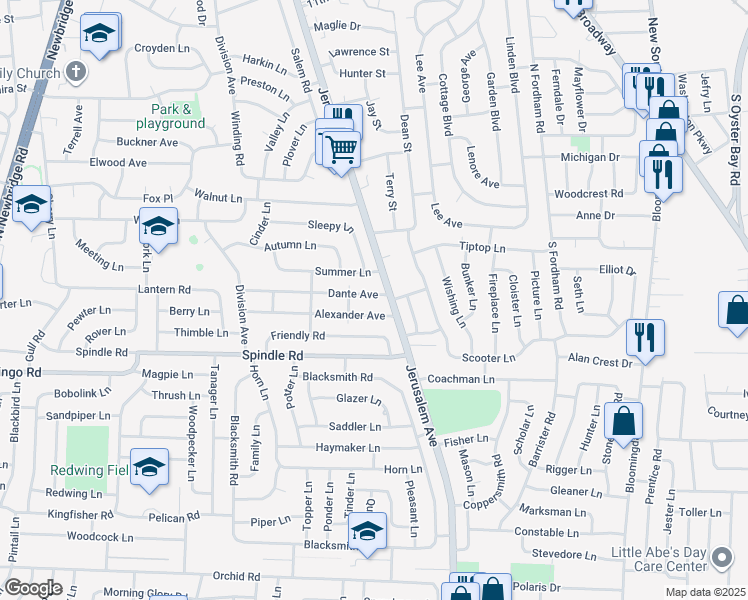 map of restaurants, bars, coffee shops, grocery stores, and more near 10 Dante Avenue in Hicksville