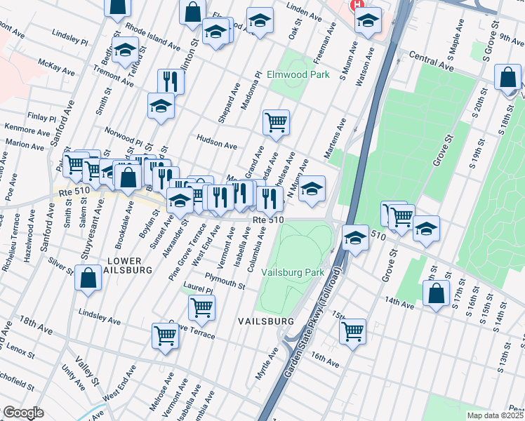 map of restaurants, bars, coffee shops, grocery stores, and more near 7 Chelsea Avenue in Newark