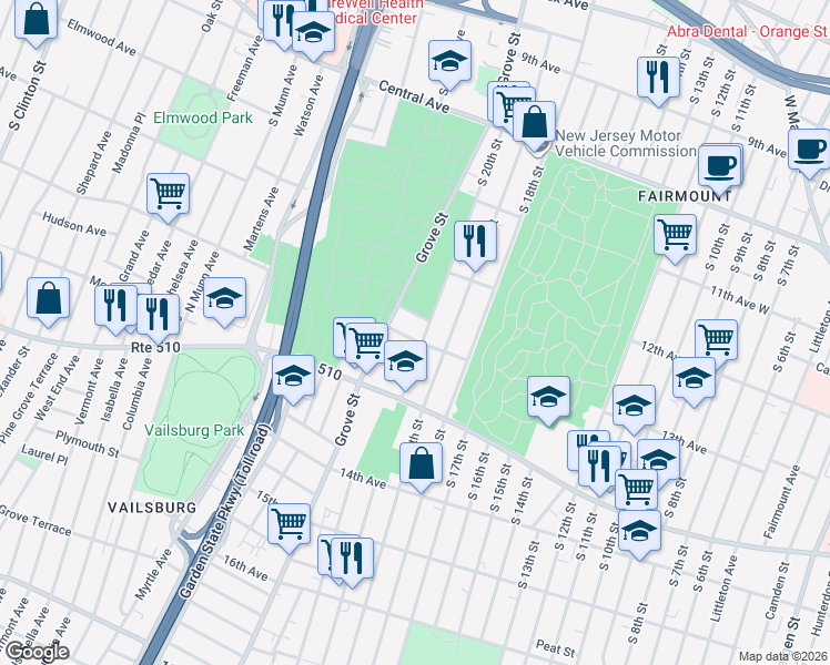 map of restaurants, bars, coffee shops, grocery stores, and more near 323 South 20th Street in Newark