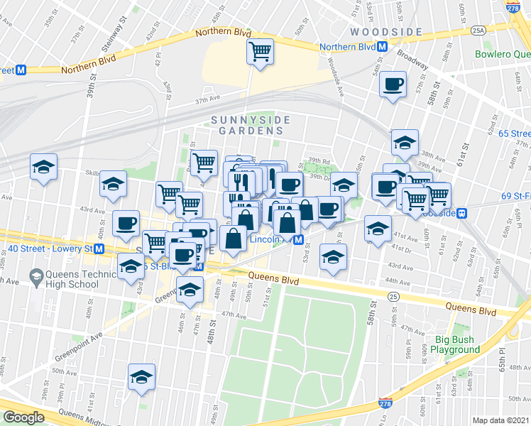 map of restaurants, bars, coffee shops, grocery stores, and more near 41-15 50th Street in Queens