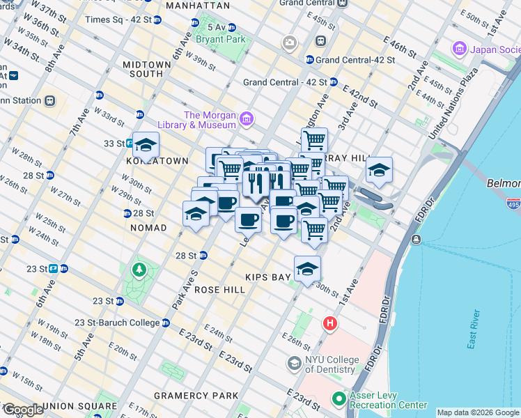 map of restaurants, bars, coffee shops, grocery stores, and more near 200 Lexington Avenue in New York