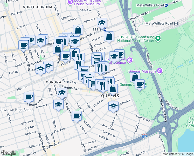 map of restaurants, bars, coffee shops, grocery stores, and more near 46-20 108th Street in Queens