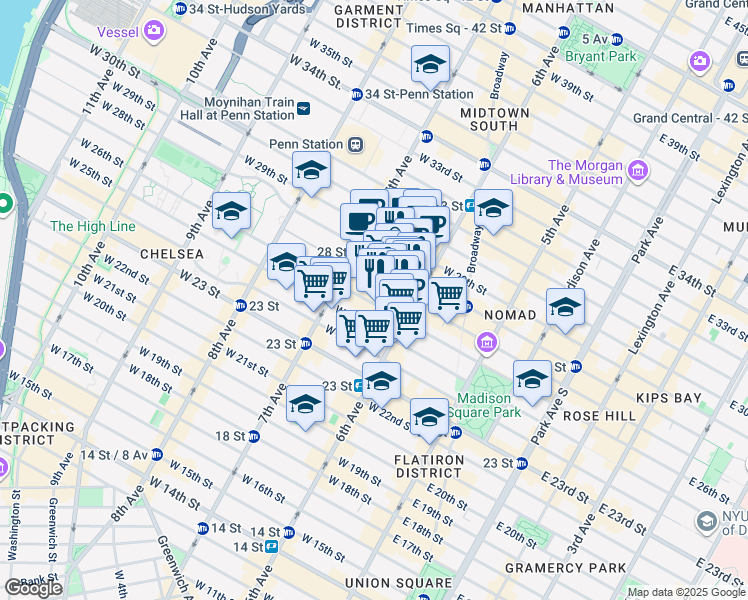 map of restaurants, bars, coffee shops, grocery stores, and more near 135 West 26th Street in New York