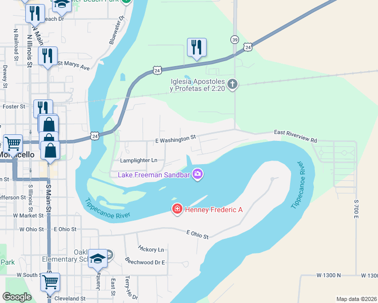 map of restaurants, bars, coffee shops, grocery stores, and more near 210 North Edgewater Drive in Monticello