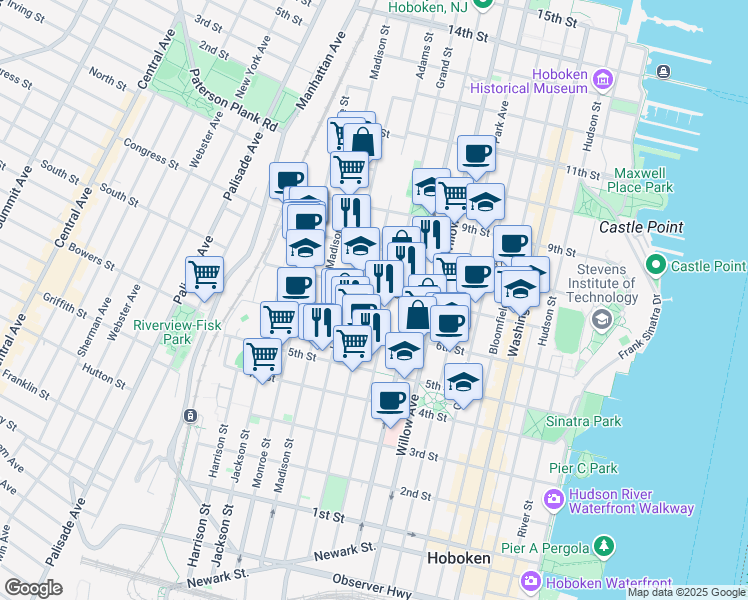 map of restaurants, bars, coffee shops, grocery stores, and more near 619 Adams Street in Hoboken