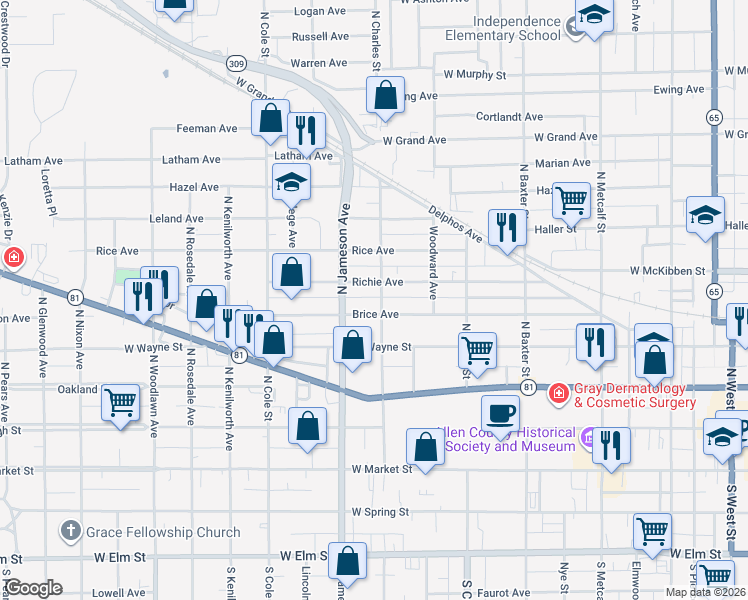 map of restaurants, bars, coffee shops, grocery stores, and more near 531 North Charles Street in Lima